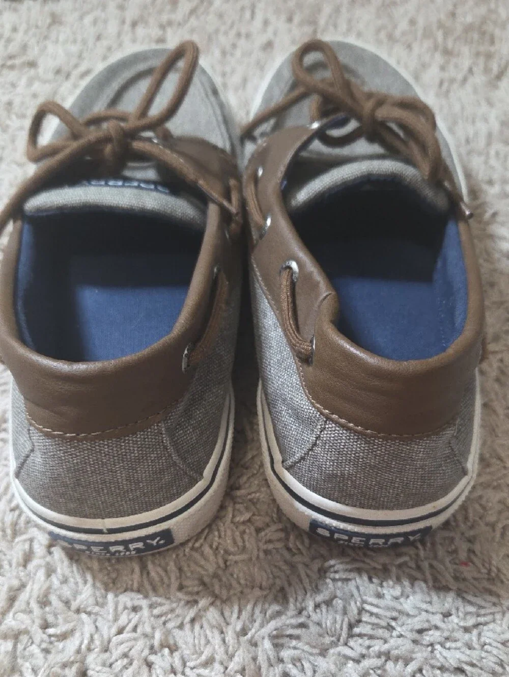 Sperry Men's Taupe Canvas and Brown Leather-Trim Boat Shoes, 9.5